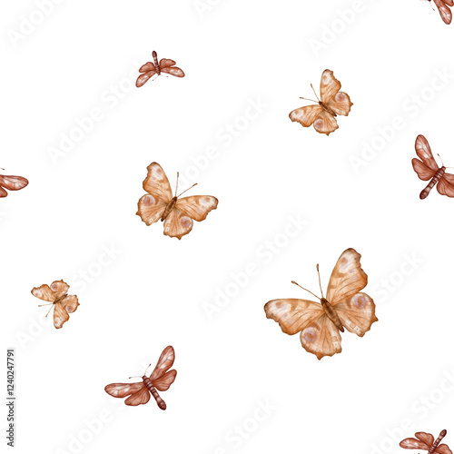 Brown and beige butterflies in vintage style on a isolated background, seamless pattern. Watercolor illustration. For fabric,textiles, wallpaper, wrapping paper, wrappers, covers, prints, clothing.