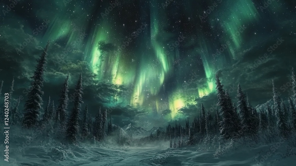 Stunning aurora borealis illuminates a snowy landscape in the Arctic night sky Stunning aurora borealis illuminates a snowy landscape in the Arctic night sky