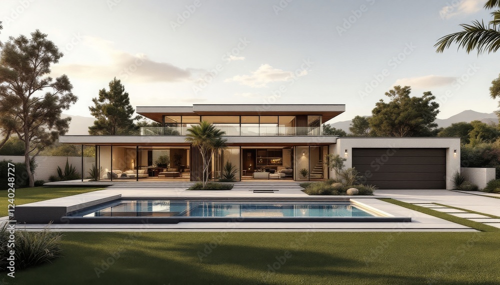 Fototapeta premium Modern Luxury Home Design with Pool and Sunset Views