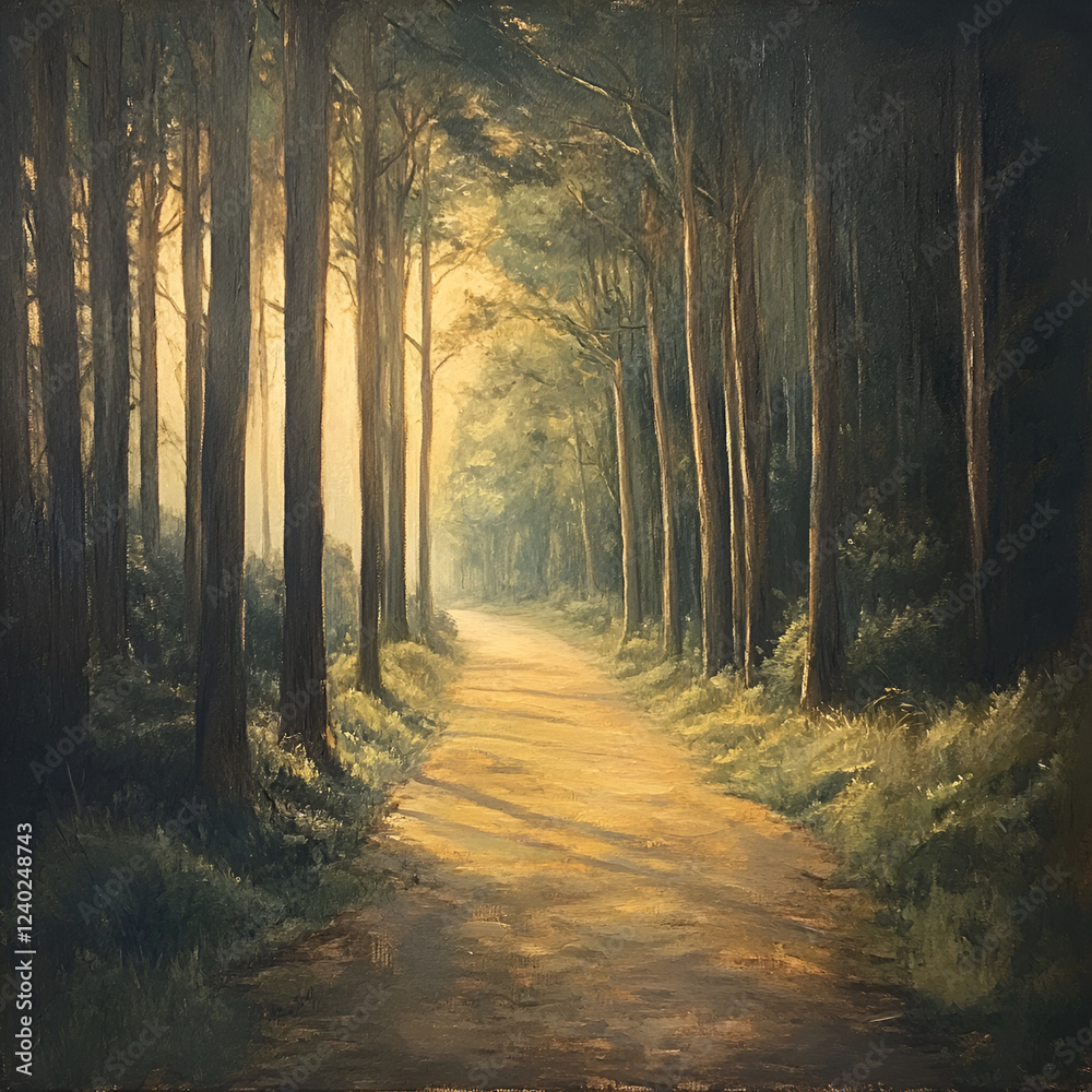 Fototapeta premium Sunlit Path: A scenic view of a path winding through a lush, sun-dappled forest, evoking a sense of tranquility and exploration.