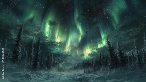 Stunning aurora borealis illuminates a snowy landscape in the Arctic night sky