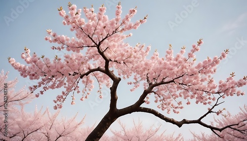 Serene Springtime: A Blossoming Cherry Tree Under a Pale Blue Sky