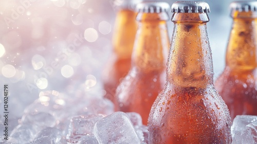 Chilled bottles of beer on ice with sunlight shining through in a warm outdoo...