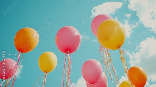 Colorful balloons float against a bright blue sky during a joyful outdoor cel...