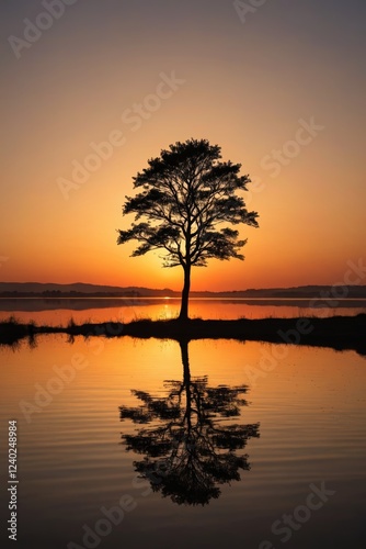 arafed tree in the middle of a lake at sunset