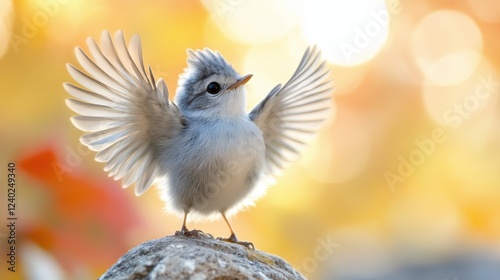Colorful bird spreading its wings in soft afternoon light during springtime