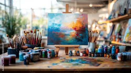 Colorful painting setup with brushes and paints in bright, creative studio en...
