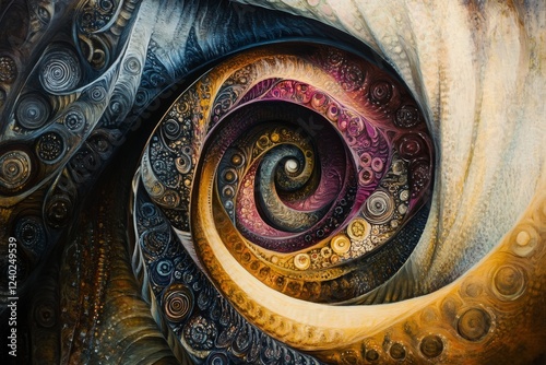 Intricate spiral design showcasing vibrant colors and patterns in an abstract...