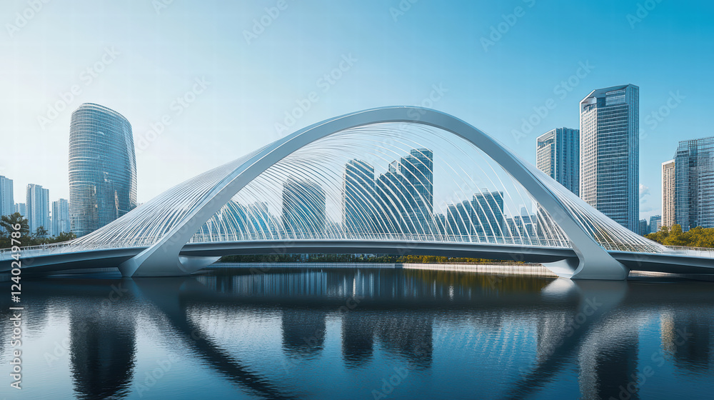Obraz premium modern artistic bridge design connecting two futuristic buildings over calm waterway, showcasing sleek architecture and urban landscape
