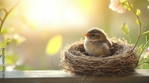 Nesting bird enjoying sunlight by the window in a cozy indoor setting