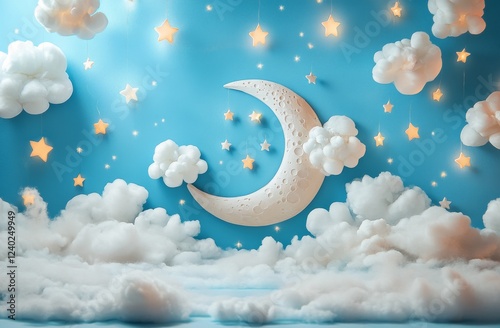 Dreamy pink clouds and moon shining in a starry night sky
