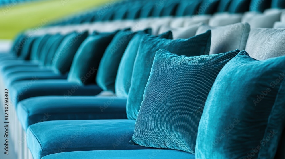 Obraz premium Teal Velvet Cushions in a Row: Luxurious Seating Arrangement