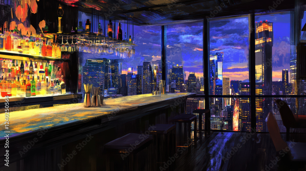 Obraz premium vibrant rooftop bar with stunning city views at sunset, featuring well stocked bar and modern decor. atmosphere is lively and inviting, perfect for socializing