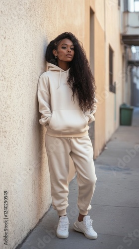 Relaxed styling in cozy gray outfit against neutral wall during daytime in ur...