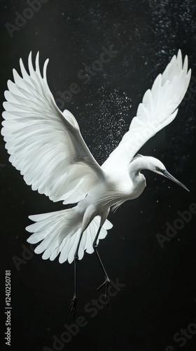 Elegant white bird soaring gracefully through the air in a dark background