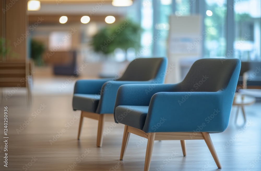 Blue chairs in modern lobby waiting area Blue chairs in modern lobby waiting area