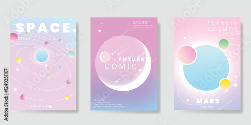 Planet and galaxy Space card vector set. Solar system with galaxy planets, asteroids, jupiter, saturn, mars, moon, ring line solar. Cosmic design for flyer, brochure, background, poster, cover.