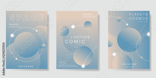 Planet and galaxy Space card vector set. Solar system with galaxy planets, asteroids, jupiter, saturn, mars, moon, ring line solar. Cosmic design for flyer, brochure, background, poster, cover.
