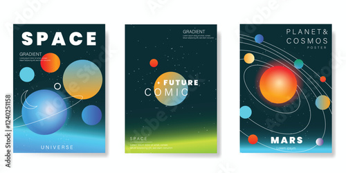 Planet and galaxy Space card vector set. Solar system with galaxy planets, asteroids, jupiter, saturn, mars, moon, ring line solar. Cosmic design for flyer, brochure, background, poster, cover.