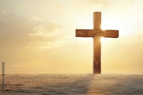 Sunset over a wooden cross on a hillside with dramatic clouds and a glowing h...