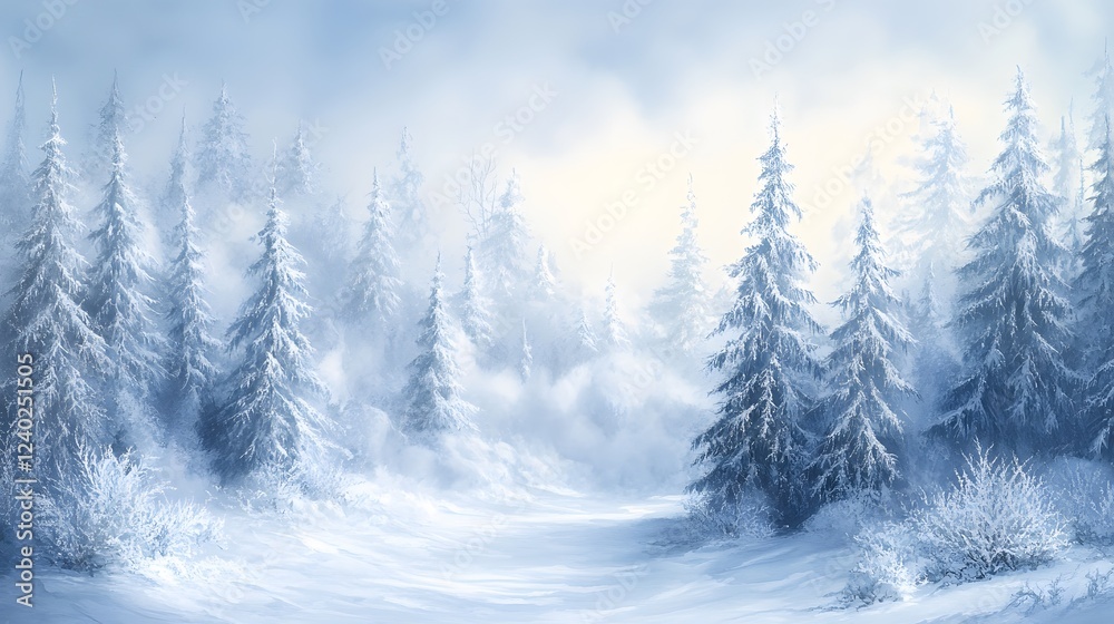 Naklejka premium A Winter Wonderland Scene of Snow Covered Pine Trees