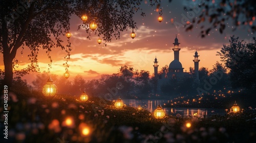 Evening stroll along a beautifully lit pathway in a tranquil oasis setting