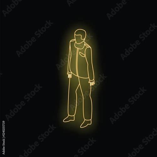 Neon yellow glowing silhouette of a man standing, isometric icon vector illustration