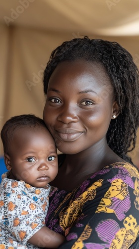 Joyful mother holding her baby in a warm community setting with vibrant clothing