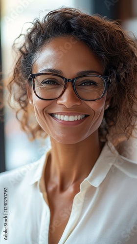 Young woman with glasses smiling warmly in a cozy indoor setting during daytime