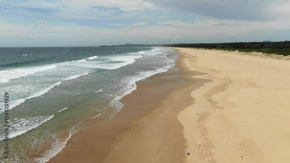 Sawtell deserted and sandy beach in northern New South Wales, Australia. Aerial forward ascending Sawtell deserted and sandy beach in northern New South Wales, Australia. Aerial forward ascending