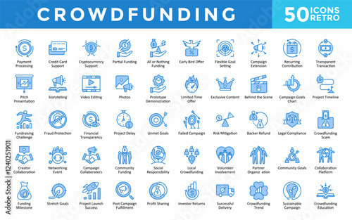Crowdfunding icons set with payment processing, credit card support, cryptocurrency support, partial funding, all or nothing funding, early bird offer icon. Simple retro vector 
