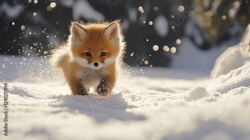 Cute fox cub running playfully through fresh snowfall on a winter day
