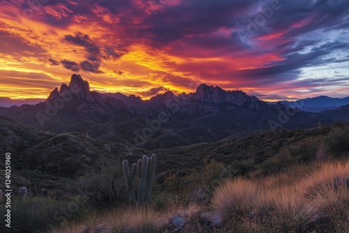 Vibrant sunset over rugged mountains and desert landscape in Arizona