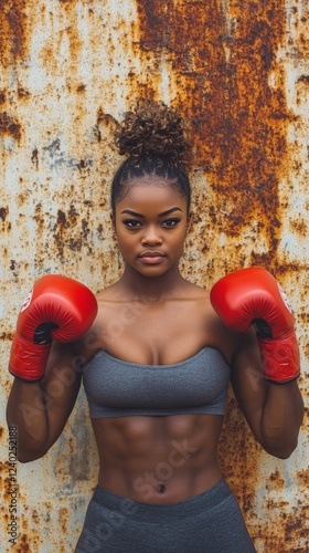 Strong female boxer posing with red gloves in a gritty training environment