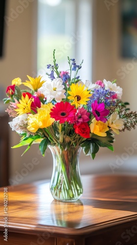 Colorful bouquet of fresh flowers displayed in a glass vase on a wooden table