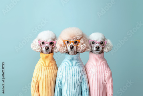 Drei stilvolle Pudel in pastellfarbenen Pullovern und Brillen vor blauem Hintergrund, Three stylish poodles in pastel-colored sweaters and glasses against a blue background