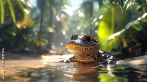 Cute orange frog sitting at the edge of a tranquil pond surrounded by lush gr...
