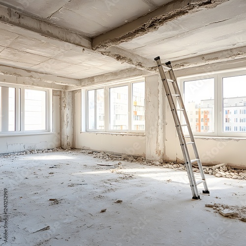 Empty Room Under Renovation Construction Site with Ladder