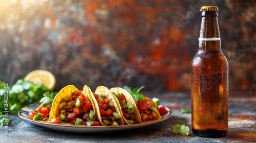 Delicious tacos served with cold beer on a rustic table background under warm...