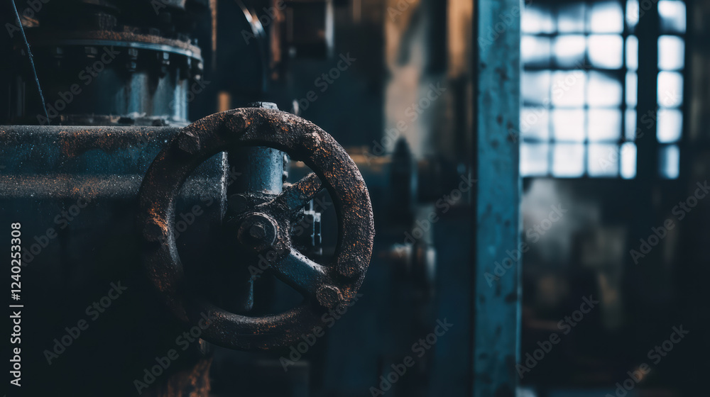 Rusty valve in industrial warehouse with dark shadows and moody lighting, evoking sense of foreboding and decay Rusty valve in industrial warehouse with dark shadows and moody lighting, evoking sense of foreboding and decay