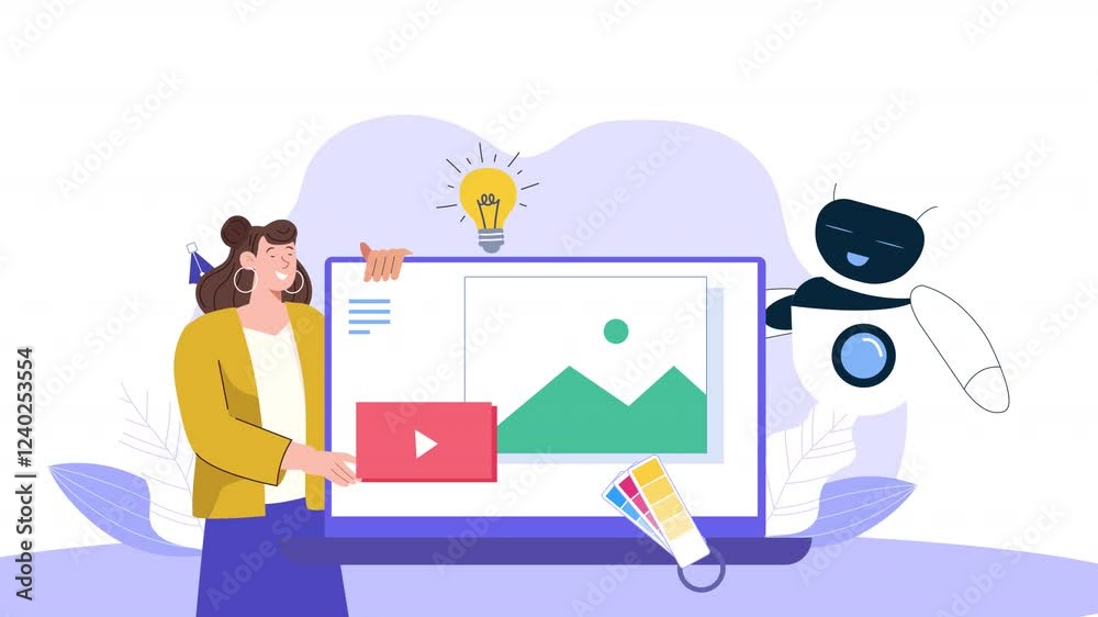Vector character scene animation showcasing characters using an AI design tool, featuring various design elements and templates being automatically generated based on user input.