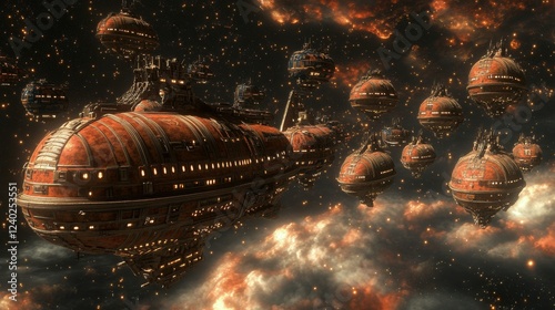 Futuristic airships navigating through a fiery cosmic landscape amid swirling...