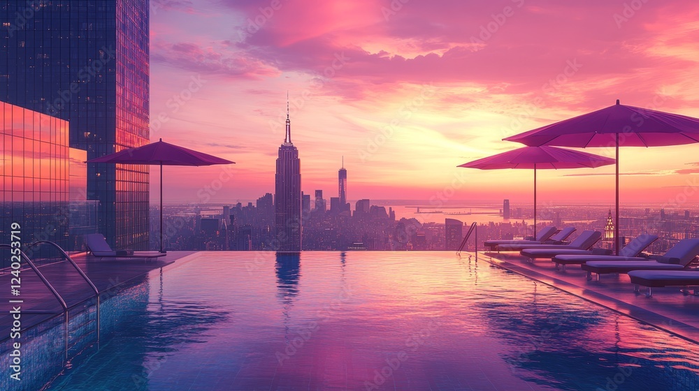 Fototapeta premium Sunset over a rooftop pool with chic lounge chairs, designer umbrellas, and a mesmerizing cityscape, perfect for a tranquil getaway.