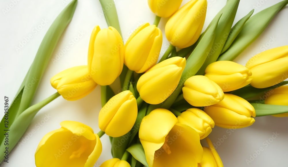 A vibrant bouquet of yellow tulips with fresh green stems on a crisp white background, showcasing their smooth petals and natural radiance. A vibrant bouquet of yellow tulips with fresh green stems on a crisp white background, showcasing their smooth petals and natural radiance.