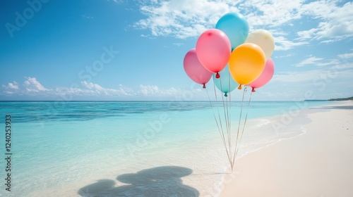 Colorful balloons resting on a serene beach under a bright blue sky with fluf...