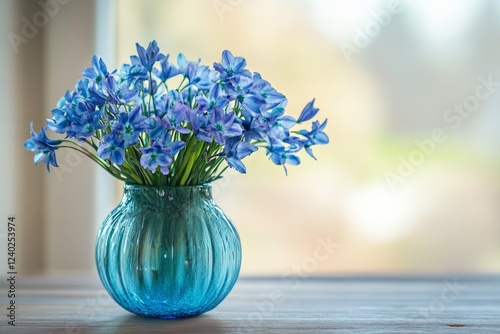 Bright blue flowers in a glass vase on a rustic wooden table indoors