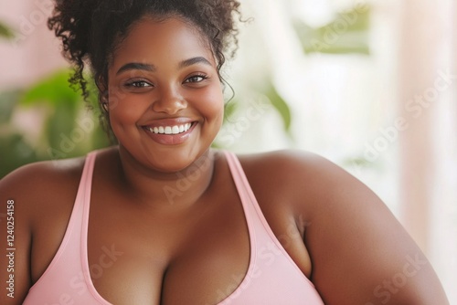 Smiling woman wearing a pink tank top in a bright indoor space surrounded by ...