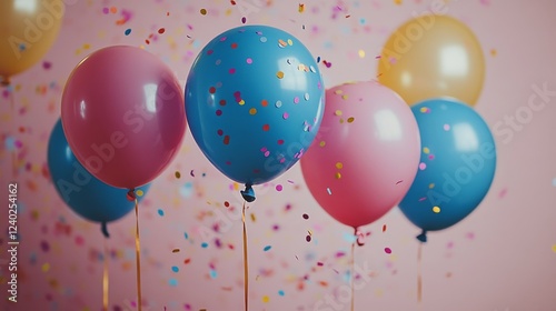 Colorful balloons and confetti celebration in a festive atmosphere