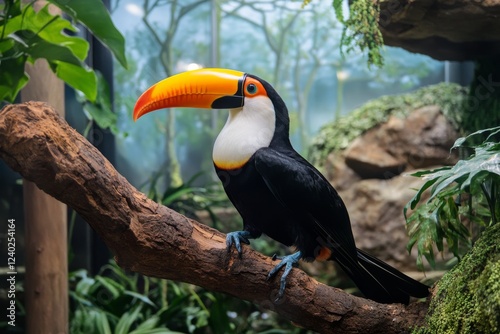 Colorful toucan perched on a branch in a vibrant nature habitat during daylight