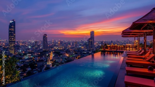 Trendy rooftop pool bar with elegant sun loungers, chic parasols, and an unbeatable panoramic city view at twilight.